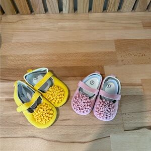 Yellow and Pink Baby Walker Shoes with Perforated Design